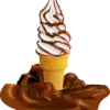 An illustration of a soft serve ice cream cone with brown stripes on the ice cream and chocolate next to it