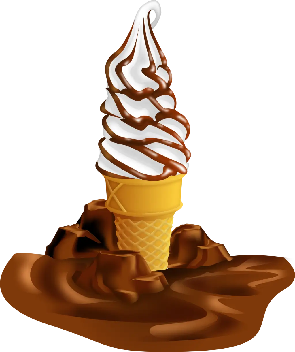 An illustration of a soft serve ice cream cone with brown stripes on the ice cream and chocolate next to it