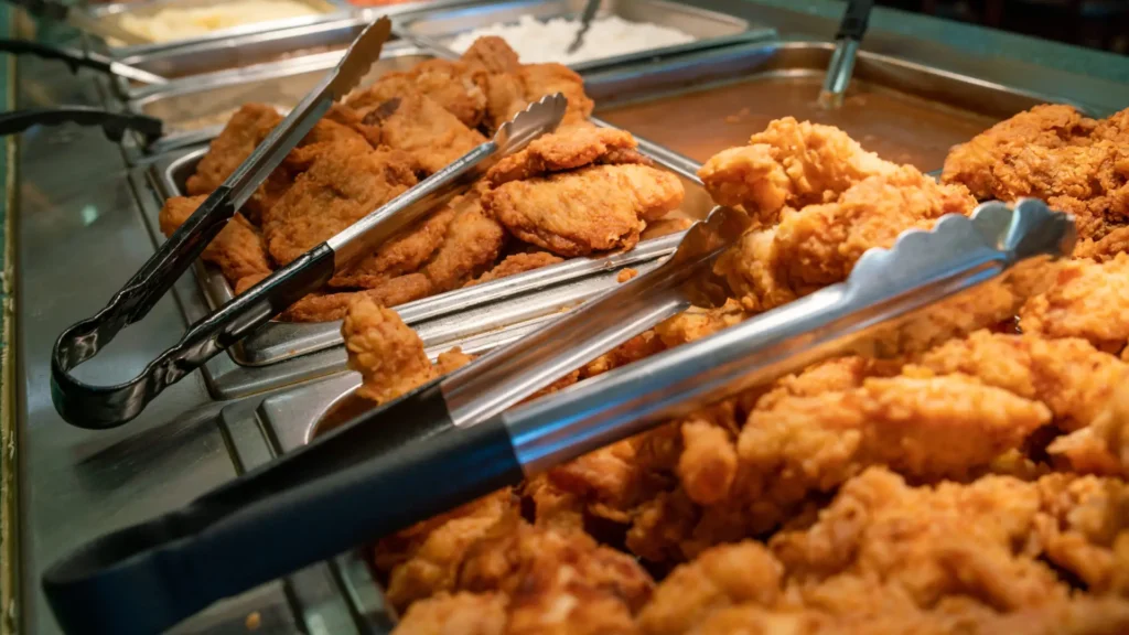 Henny Penny fried chicken on a pan