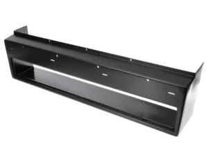 a black metal shelf with holes