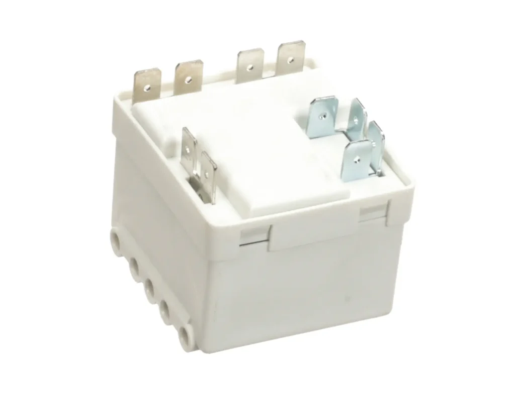 a white electrical box with metal parts