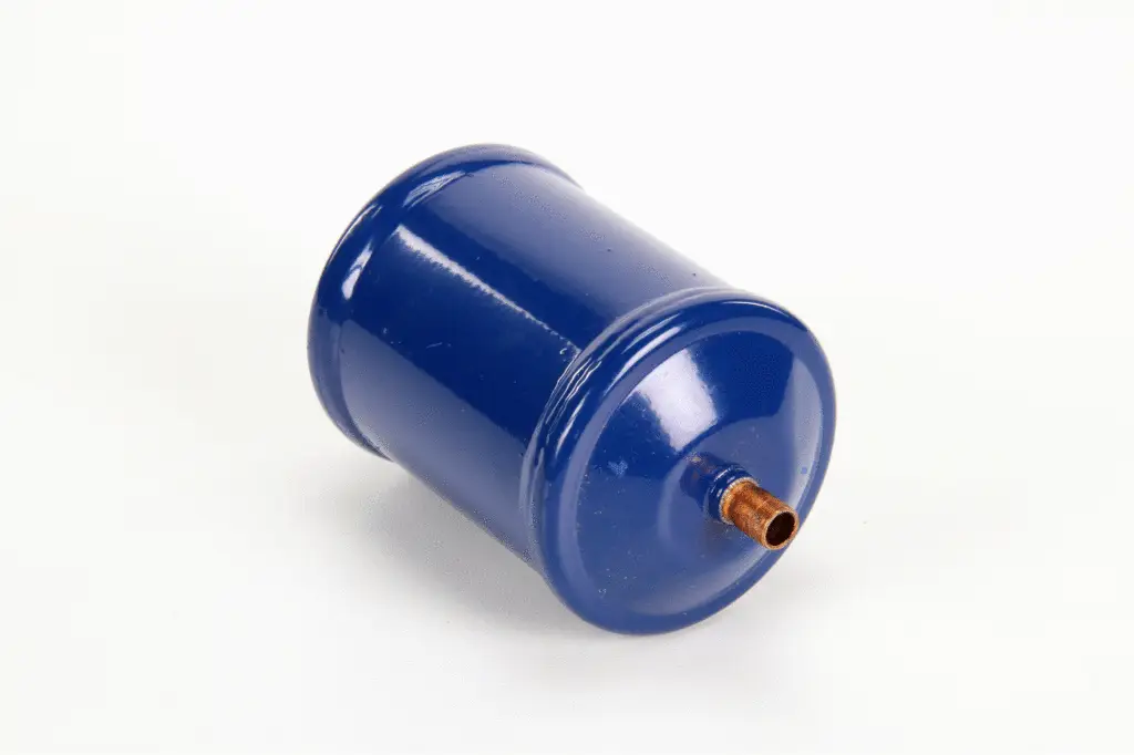 a blue cylinder with a copper tube