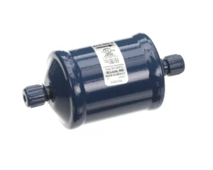 a blue metal cylinder with a white label