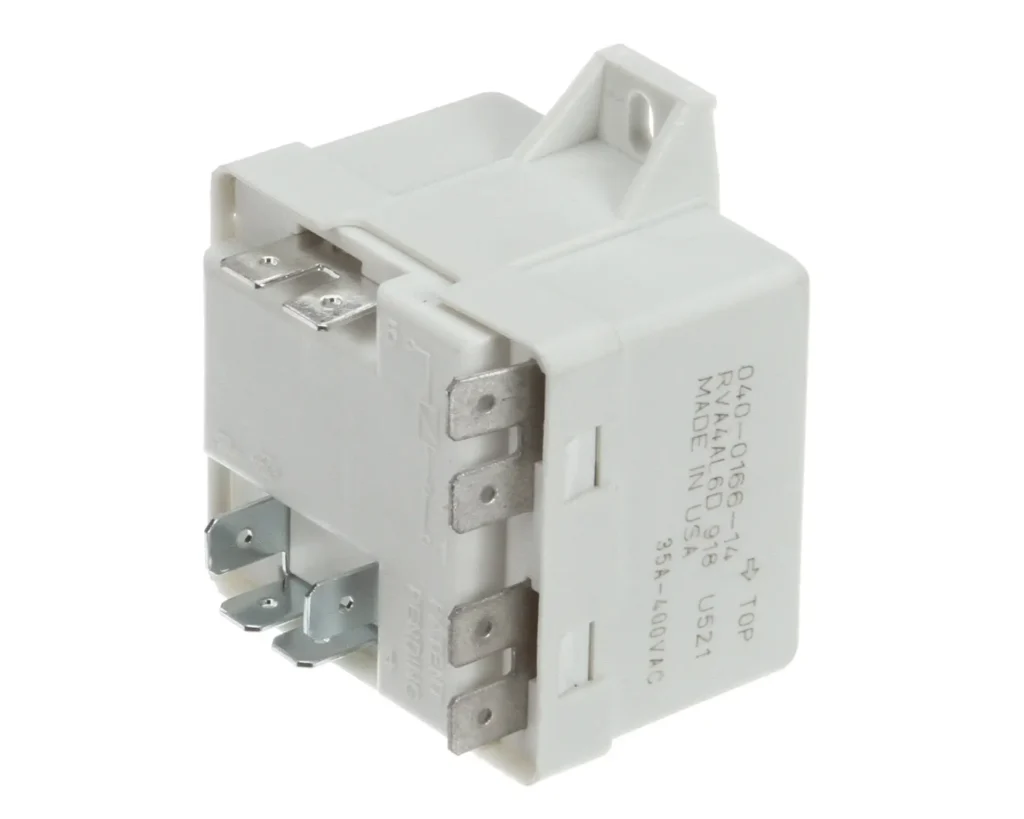 a white electrical device with metal parts