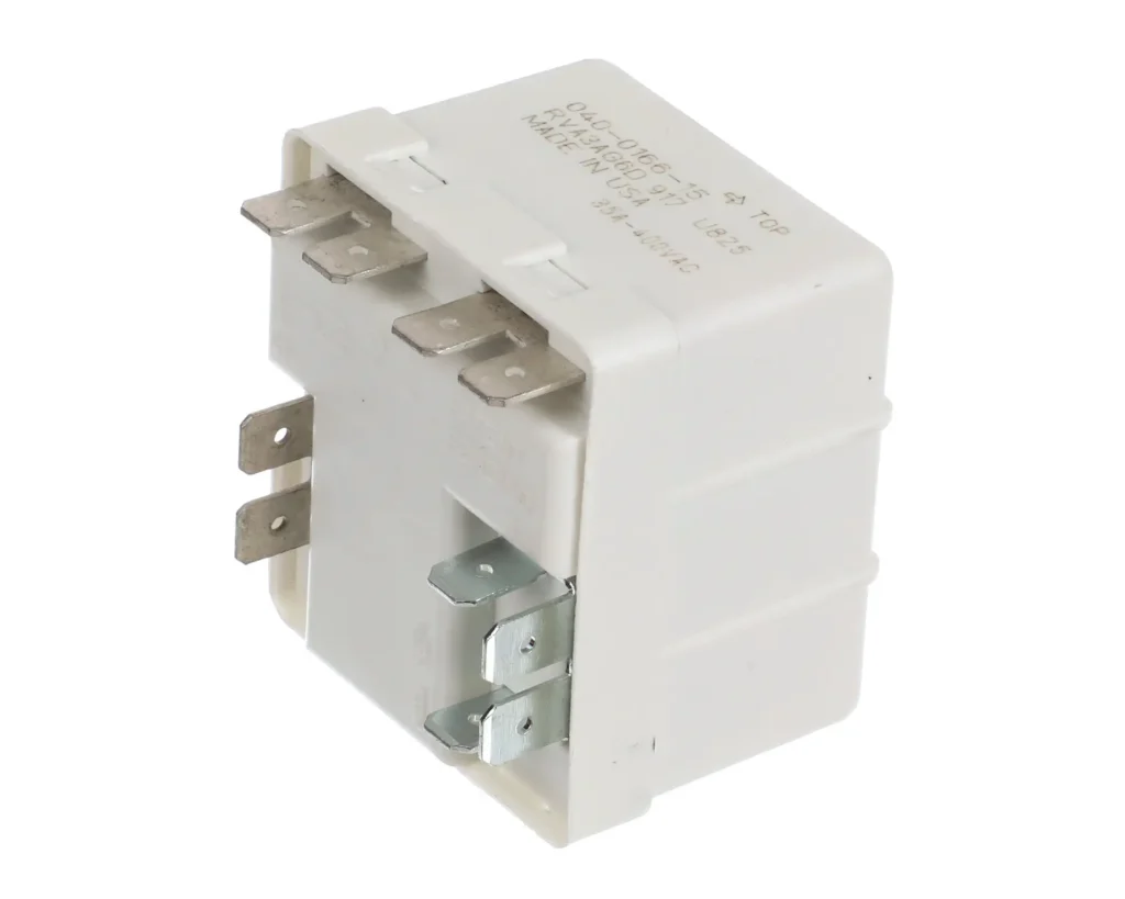 a white electrical device with metal terminals