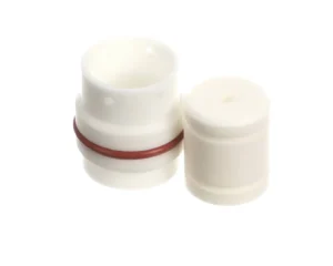 a white plastic cylinder with a red band