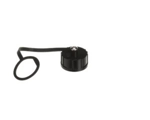 a black plastic cap with a strap