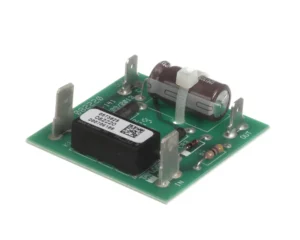 a green circuit board with a black and white object