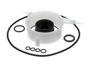 a white and black plastic object with black rubber rings