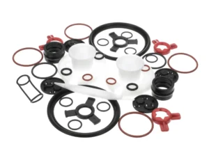 a group of black and red round objects