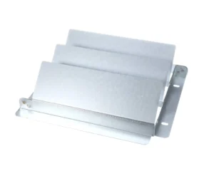 a metal shelf with three pieces of paper