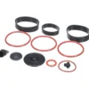 a group of black and red round objects