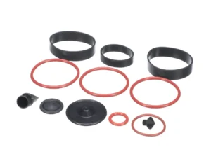 a group of black and red round objects