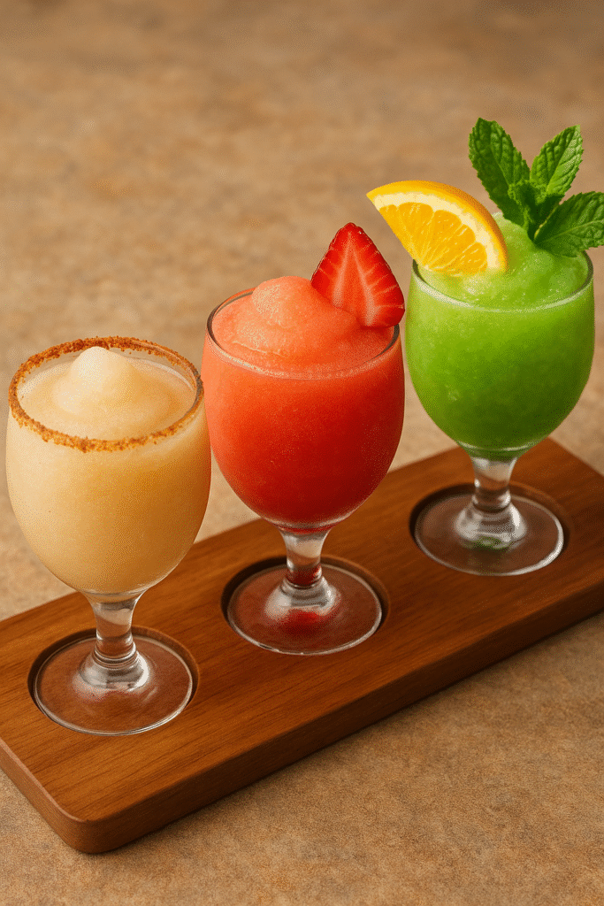 Flight of frozen cocktails with seasonal garnish