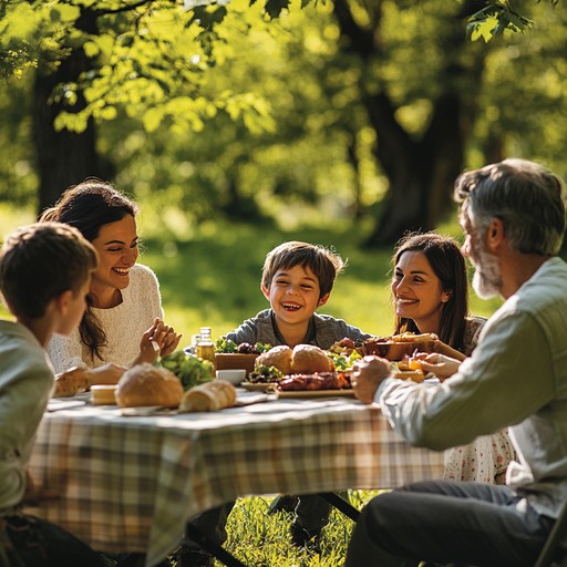 family enjoying food at a campground picnic table