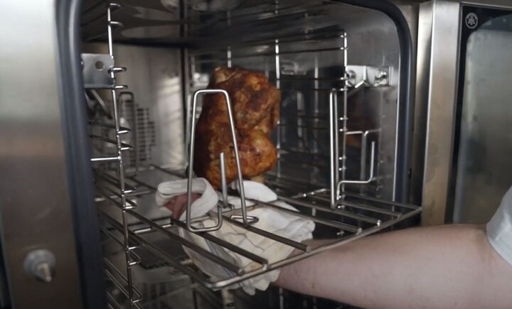 Rotisserie chicken cooked in a combi oven