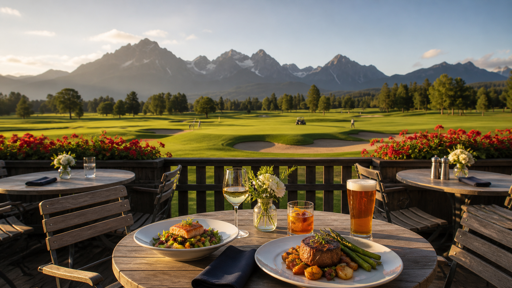 Golf course country club patio with plates of food