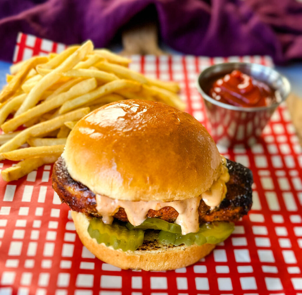 Grilled chicken burger and fries