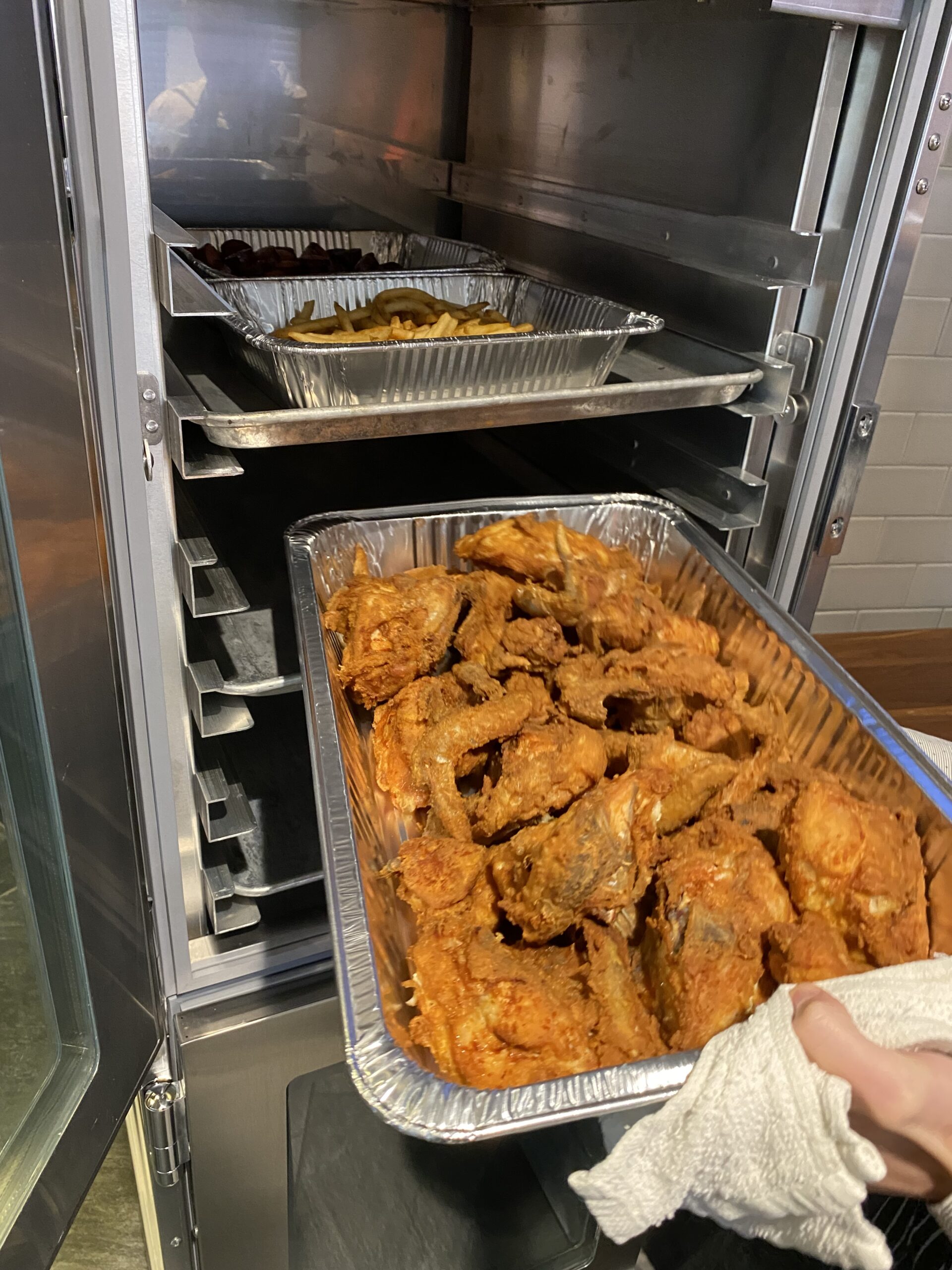 fried chicken displayed in a Henny Penny holding cabinet
